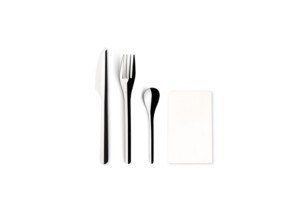 SET CUCHILLO/TENEDOR MESA, CUCHARA CAFE + SERVILLETA BROOKLYN 18% (PAPEL)